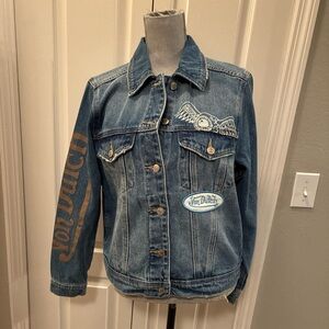 Von Dutch ladies cropped graphic patched faded denim jacket